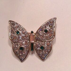 New Butterfly Brooch,Goldtone,w/clear & emerald crystals. 1 1/2”H x 1 7/8”W